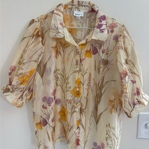 Bailey 44 Sheer Floral Puff Sleeve Blouse L Cottagecore Prairie Wildflower Top